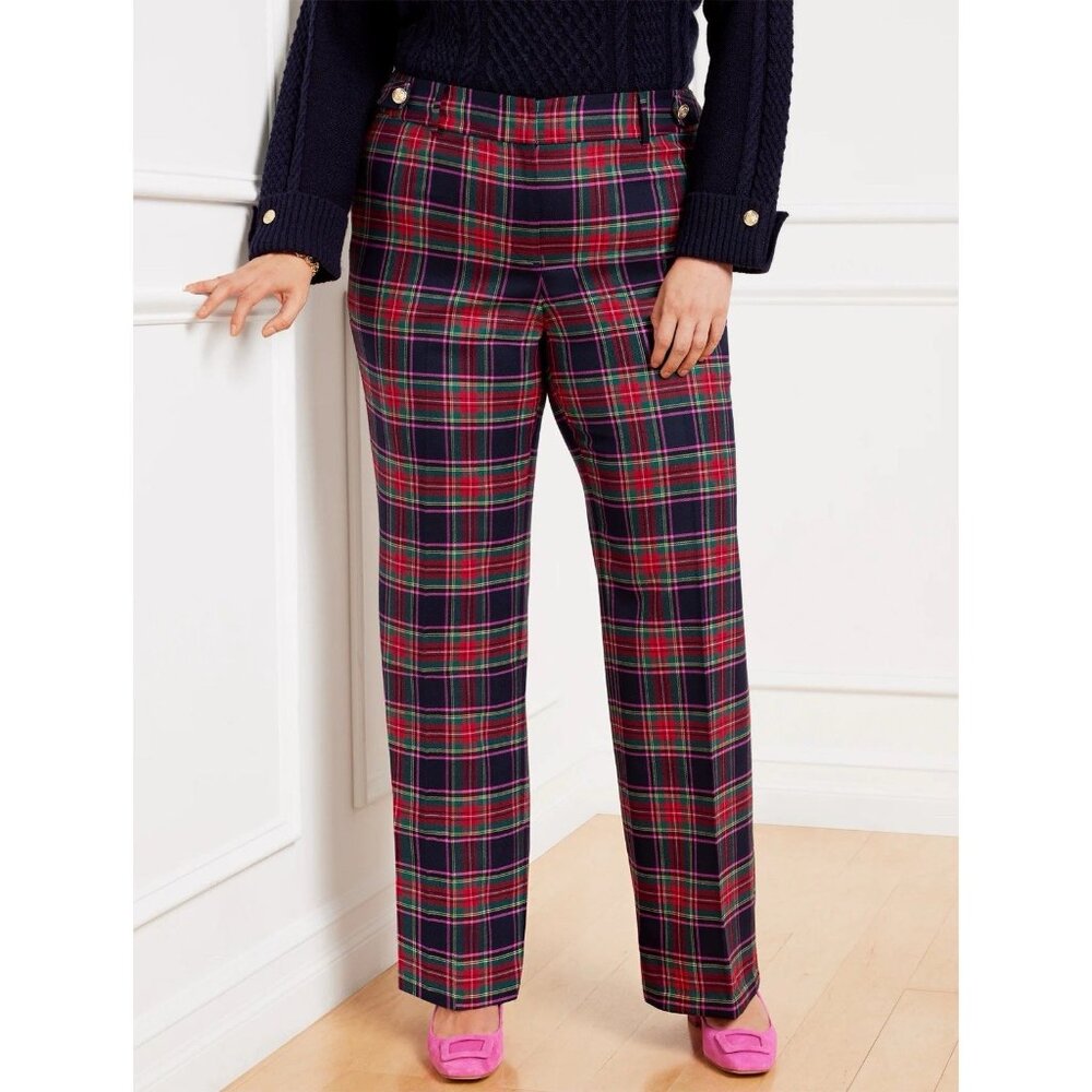 Talbots Greenwich Dashing Plaid Wool Blend Wide Leg Pants 20 W Navy‎ Red Tartan